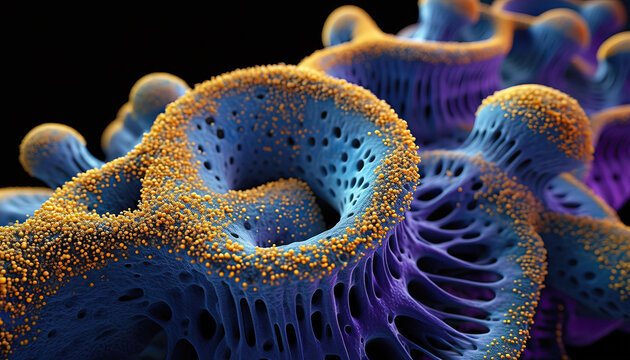 Mikroskopische Nanostruktur mit goldenen Partikeln auf poröser Zelloberfläche