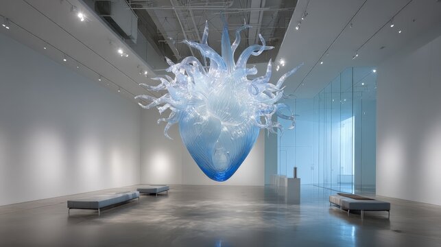 Large Blue Glass Sculpture Installation In Modern Gallery - Powered by Adobe