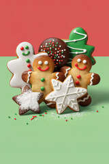 Fototapeta premium Assortment of Christmas themed cookies piled against clean backdrop. Ideal for advertising layouts, banners, designs.