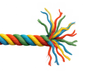 Colorful rope unraveling, individual strands separating, symbolizing breaking apart, diversity, disagreement, and crisis concept
