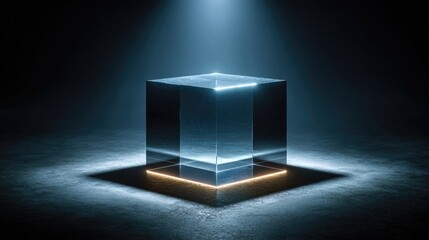 Photorealistic Clear Cube Suspended in Stark Void Emphasizing Purity, Fragility, and Silence
