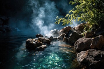 Tranquil Geothermal Hot Spring with Turquoise Water and Rising Steam in Rocky Clearing
