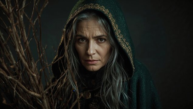 Mysterious woman in green hooded cloak holding twigs, medieval fantasy portrait with serious expression and gray hair