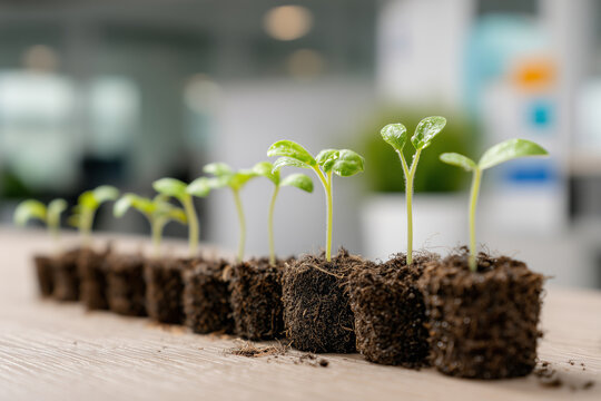 Young seedlings grow in small pots on a wooden table in bright indoor space