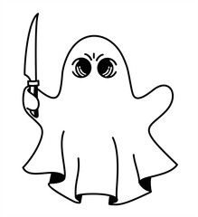 Cute ghost holding a shar knife emote with frowning expression. Menacing cartoon ghost with an angry expression. A funny, spooky illustration for Halloween