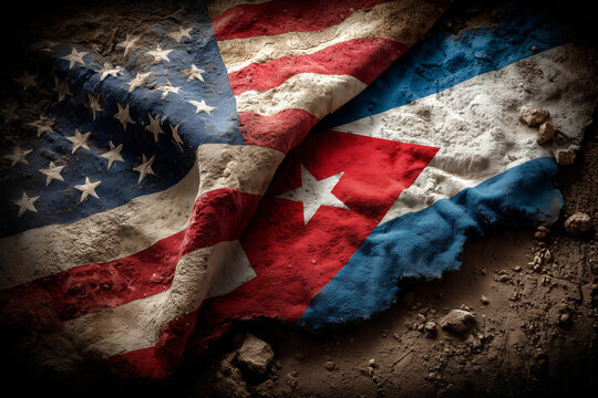 Political flags representing US and Cuba relations displayed with texture