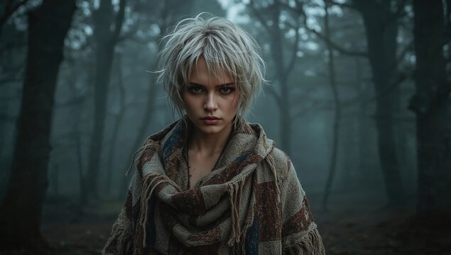 Mysterious woman with short silver hair in moody forest, wearing rustic poncho, intense gaze, enigmatic atmosphere