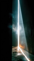 Single Brilliant White Light Beam Cutting Through Dark Chamber with Shimmering Dust
