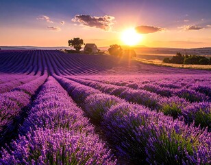 Vast field of purple flowers basks in the warmth of a sunset