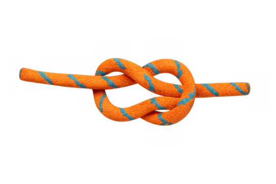 Overhand knot in orange and blue climbing rope for safety, connection, strength, and security, transparent background