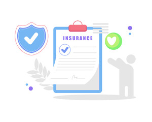 A clean illustration of an insurance document with checkmarks, a shield icon, and a figure symbolizing protection, security, and approval.