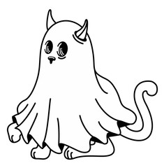 Cute ghost cat. Halloween pets. Cartoon spooky baby character.  illustration for greeting card. Spooky cats