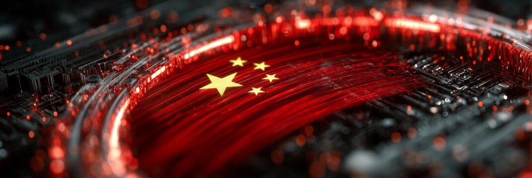 Vibrant digital representation of China's flag surrounded by technology elements