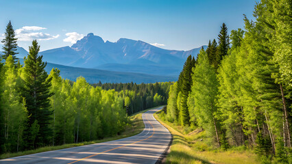 Winding road through lush green forest to mountain