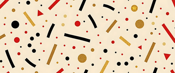 Festive confetti background with gold, red, and black shapes on a cream backdrop