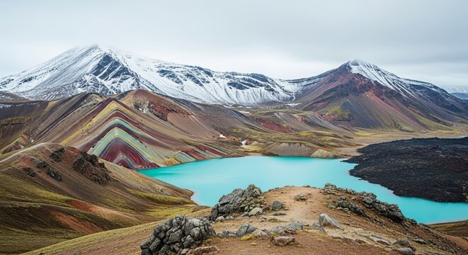 Stunning panoramic view of a remote volcanic landscape with colorful rhyolite mountains, a turquoise crater lake, a black lava field, and snow-capped peaks - Powered by Adobe