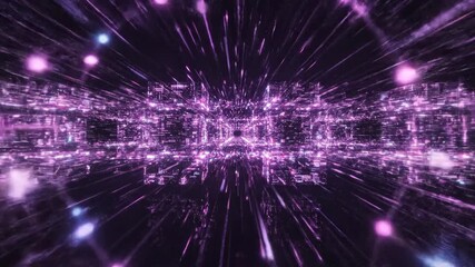 Abstract network nodes pulse with light as camera glides through a vibrant digital tunnel - Powered by Adobe