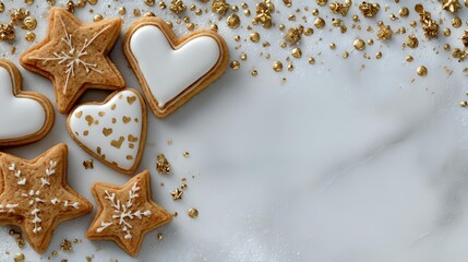 Festive gingerbread cookies with white icing and gold sprinkles on marble background, arranged with copy space for holiday baking designs.