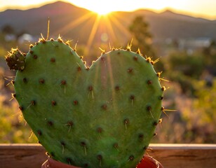 Heart-shaped cactus at sunset, soft light illuminating spiky edges and background mountains