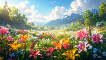 Vast meadow of vibrant wildflowers under sunny blue skies and snow-capped mountains