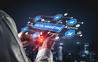 A close-up view of hands interacting with a digital marketing interface, illustrating concepts like ecommerce and advertising in a high-tech environment. Tessel