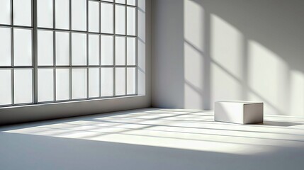 A single white cube sits in the center of a bright, empty loft studio. Sunlight streams through a large, grid-patterned window, casting dramatic geometric shado