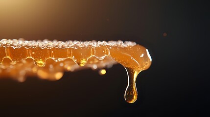 Golden honey dripping from honeycomb edge with bubbles and droplet formation against dark background, captured in warm ambient lighting.