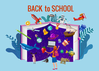 Back to school, the student girl stands in front of an open book of knowledge