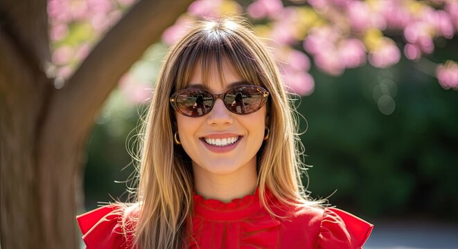 Cheerful young blonde woman with a perfect smile wearing stylish sunglasses and a red top, posing outdoors on a sunny day with a soft focus background of pink blossoms - Powered by Adobe