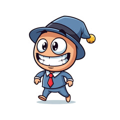 Cartoon character with a big smile, wearing a suit and a hat, walking forward.