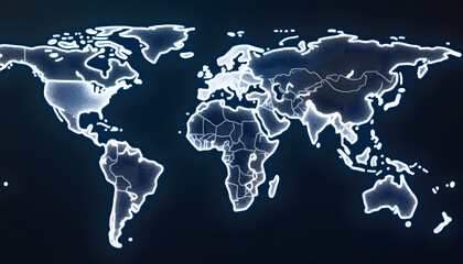 Glowing World Map on Dark Background, Illustrating Global Connectivity