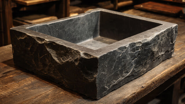 A rectangular, dark natural stone basin with a rustic, chiseled exterior sits on a wooden table, ideal for a natural aesthetic.