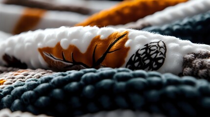 Cozy autumn textiles with fall leaf and pine cone pattern on soft knitted blankets in orange, white, and teal colors for seasonal home decor.
