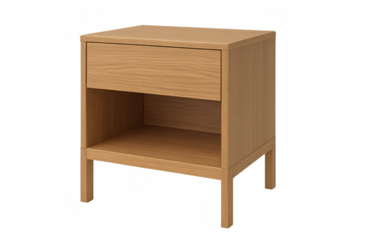 Wooden nightstand with a drawer and open shelf for bedroom storage, minimalist design, isolated, transparent background