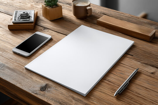 Creative workspace with a clean sheet of paper on a rustic wooden table