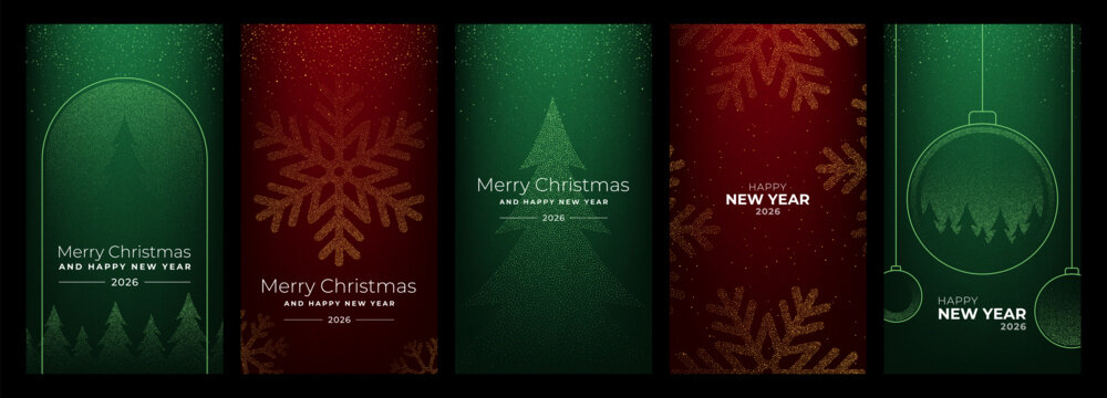 Collection of vertical christmas vector designs for greeting card. Happy New Year and Merry Christmas celebration. Festive holiday invitation.