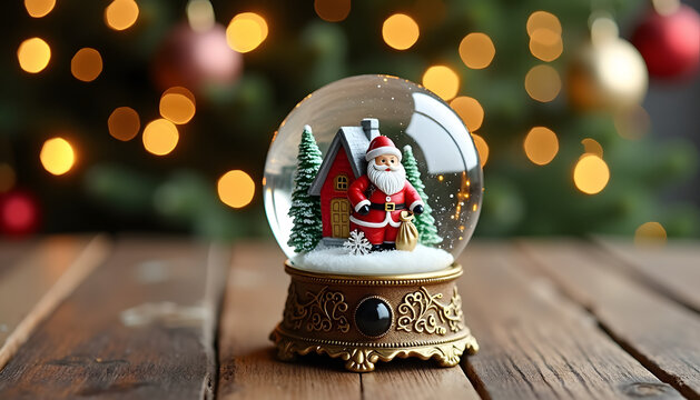 Festive snow globe with Santa Claus and a cozy red house on a wooden table - Powered by Adobe