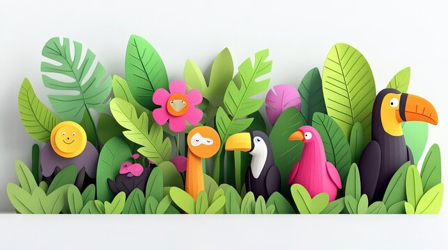 A vibrant paper cutout scene depicting a jungle environment with various stylized animals and lush green foliage. Features include toucans, a pink bird, a giraf
