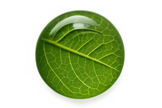 Green leaf textured sphere with water drop representing ecology and global environmental protection, transparent background