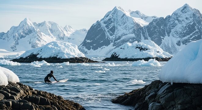 An adventurous surfer in a black wetsuit paddles through frigid blue water with icebergs, against a stunning panoramic backdrop of a vast, snowy mountain range - Powered by Adobe