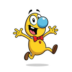 Obraz premium A cheerful yellow cartoon character with a big blue nose, red bow tie, and open arms, jumping.