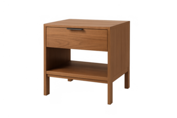 Wooden nightstand featuring one drawer and open shelf, modern furniture for bedroom or living room, transparent background
