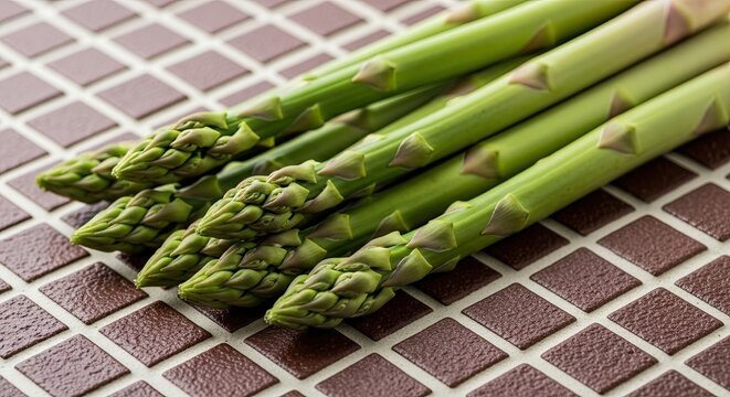 Fresh raw asparagus stalks with vibrant green tips arranged diagonally on a textured, tiled background with a brown diamond pattern, representing clean eating and vegetarian cuisine