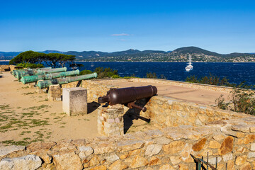 Cannons of Saint-Tropez citadel overlooking the gulf and facing Sainte-Maxime