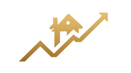 Golden upward trending graph with house icon symbolizing real estate market growth and property investment value increase in housing sector.