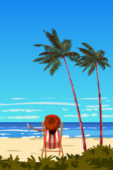 Woman in chaise lounge with cocktail glass on the beach, coast tropical resort, palms, ocean, sailboat