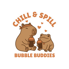 Cute capybara and frog drinking bubble tea cartoon characters Funny animal friends vector illustration for boba tea lovers t shirt print