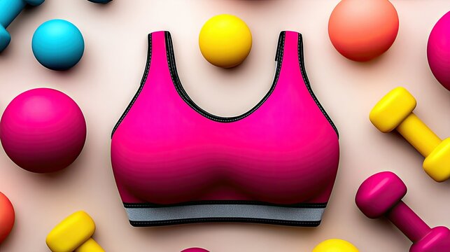 A vibrant pink sports bra is centrally placed on a light, neutral background. Surrounding the bra are various colorful exercise balls (pink, blue, yellow, orang - Powered by Adobe