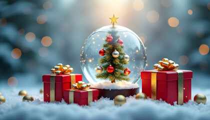 Christmas snow globe with tree, gifts, and festive holiday decorations
