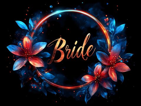 Glowing circular frame with "Bride" text in gold script, surrounded by luminous blue and red lilies against dark background.